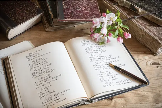 Offenes Manuskript mit Füllfeder, historischen Bänden und Blütenzweig – bibliophiles Ambiente